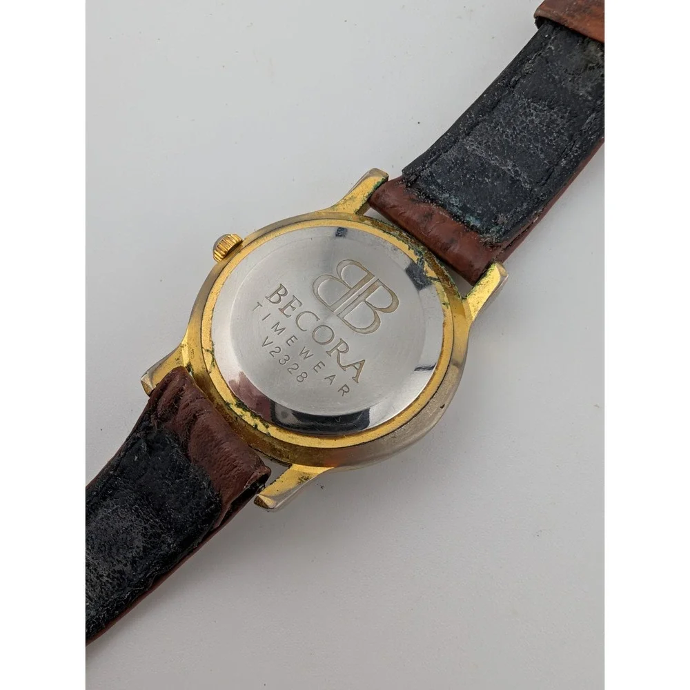 Vintage Becora Watch Women 25mm Gold Case Brown Leather Band-‎ New Battery